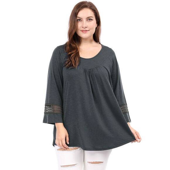 Women's Plus Size Crochet Panel Kimono Raglan Sleeves Tops Dark Grey - Picture 2 of 6